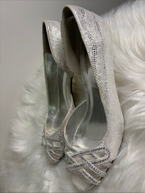 Silver Rhinestone Peep-Toe Heels - Women's